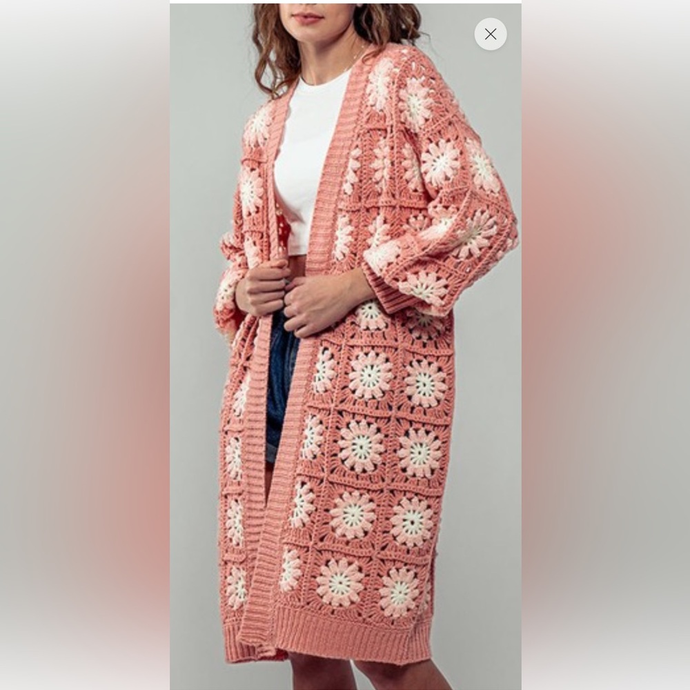 Pink Flower Crochet Cardigan Sweater